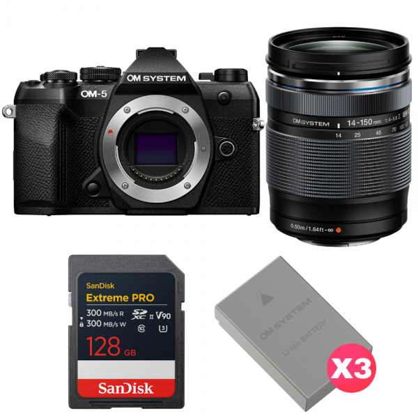 OM SYSTEM OM-5 Mark II Noir + 14-150mm f/4-5.6 II + 1 SanDisk 128GB Extreme PRO UHS-II SDXC + 3 OM System BLS-50-1