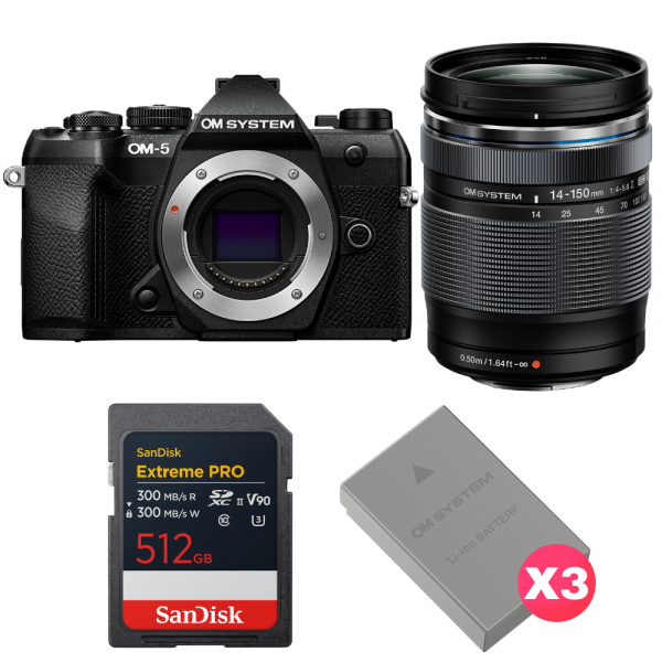 OM SYSTEM OM-5 Mark II Negro + 14-150mm f/4-5.6 II + 1 SanDisk 512GB Extreme PRO UHS-II SDXC + 3 OM System BLS-50-1