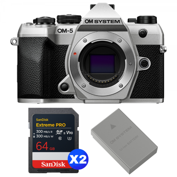 OM SYSTEM OM-5 Mark II Plata + 2 SanDisk 64GB Extreme PRO UHS-II SDXC + OM System BLS-50-1