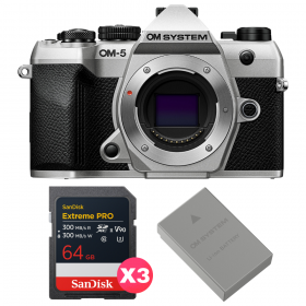 OM SYSTEM OM-5 Mark II Plata + 3 SanDisk 64GB Extreme PRO UHS-II SDXC + OM System BLS-50-1
