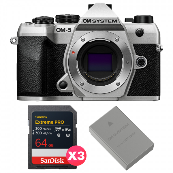 OM SYSTEM OM-5 Mark II Plata + 3 SanDisk 64GB Extreme PRO UHS-II SDXC + OM System BLS-50-1