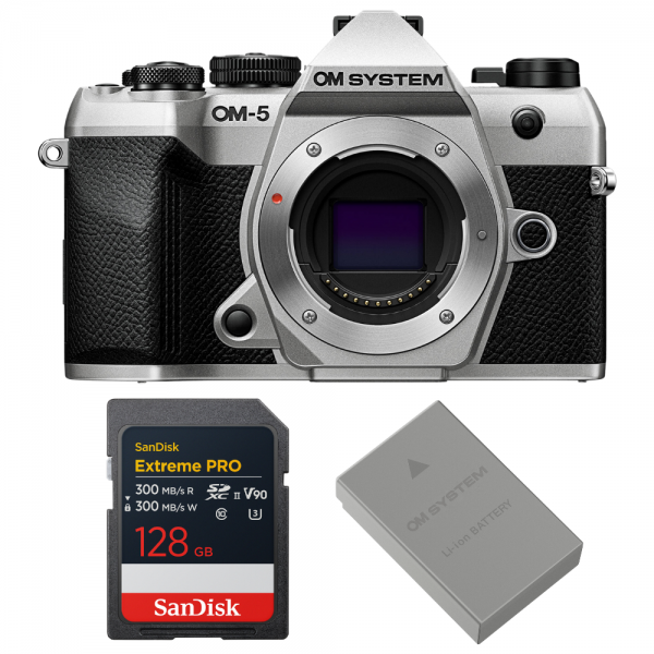 OM SYSTEM OM-5 Mark II Plata + 1 SanDisk 128GB Extreme PRO UHS-II SDXC + OM System BLS-50-1
