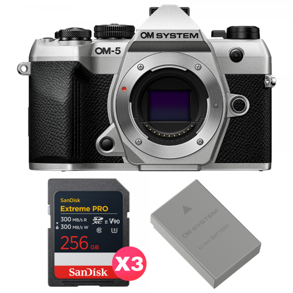 OM SYSTEM OM-5 Mark II Plata + 3 SanDisk 256GB Extreme PRO UHS-II SDXC + OM System BLS-50-1