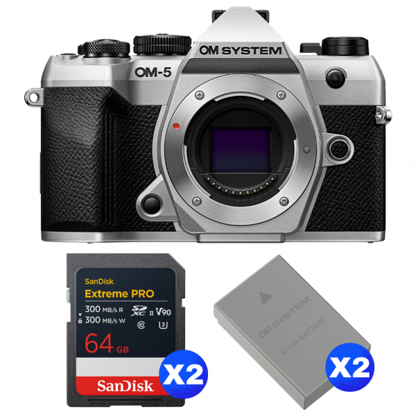OM SYSTEM OM-5 Mark II Plata + 2 SanDisk 64GB Extreme PRO UHS-II SDXC + 2 OM System BLS-50-1