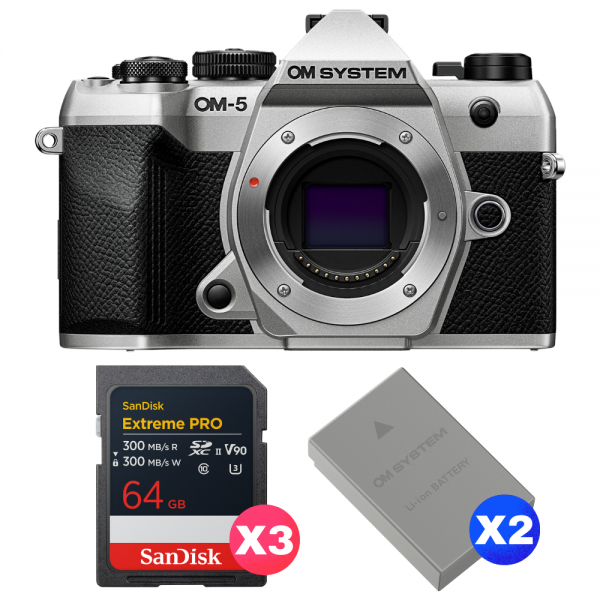 OM SYSTEM OM-5 Mark II Plata + 3 SanDisk 64GB Extreme PRO UHS-II SDXC + 2 OM System BLS-50-1