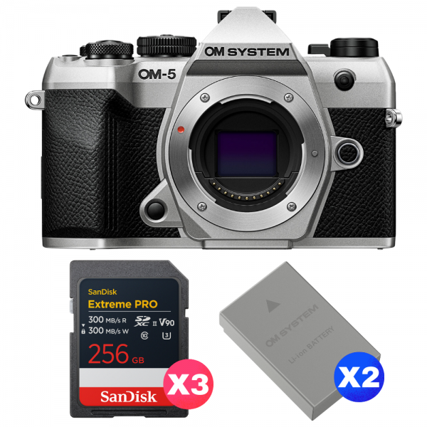OM SYSTEM OM-5 Mark II Plata + 3 SanDisk 256GB Extreme PRO UHS-II SDXC + 2 OM System BLS-50-1