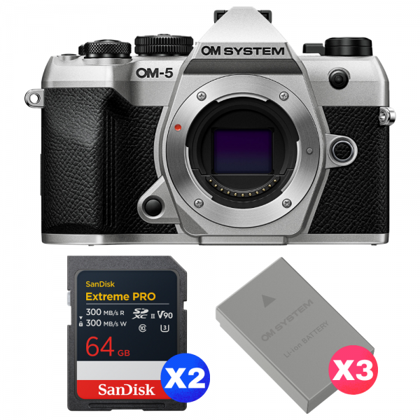 OM SYSTEM OM-5 Mark II Silver + 2 SanDisk 64GB Extreme PRO UHS-II SDXC + 3 OM System BLS-50-1