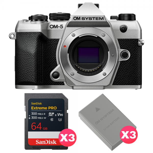 OM SYSTEM OM-5 Mark II Plata + 3 SanDisk 64GB Extreme PRO UHS-II SDXC + 3 OM System BLS-50-1