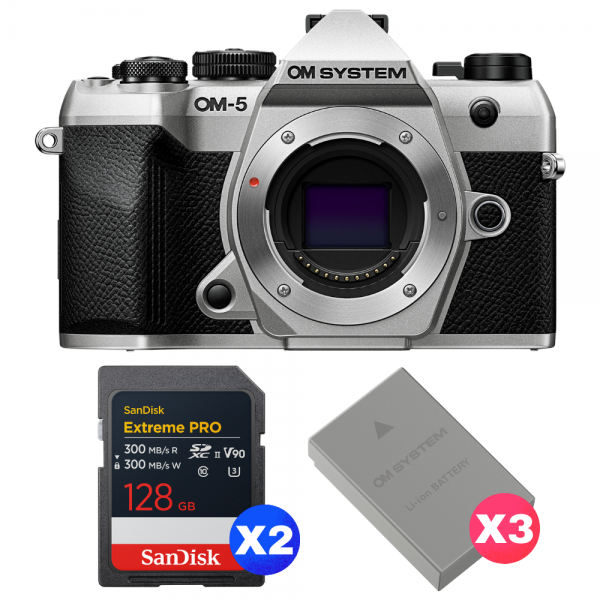 OM SYSTEM OM-5 Mark II Plata + 2 SanDisk 128GB Extreme PRO UHS-II SDXC + 3 OM System BLS-50-1