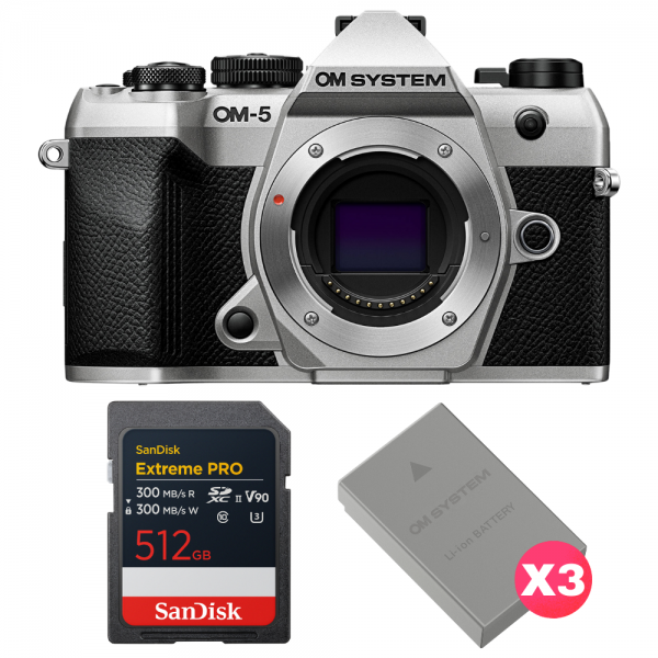 OM SYSTEM OM-5 Mark II Plata + 1 SanDisk 512GB Extreme PRO UHS-II SDXC + 3 OM System BLS-50-1