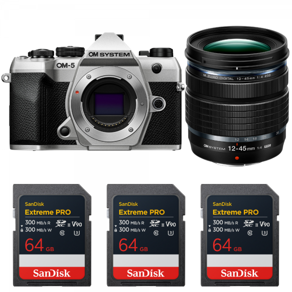 OM SYSTEM OM-5 Mark II Silver + 12-45mm f/4 PRO + 3 SanDisk 64GB Extreme PRO UHS-II SDXC-1