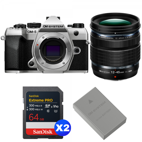 OM SYSTEM OM-5 Mark II Silver + 12-45mm f/4 PRO + 2 SanDisk 64GB Extreme PRO UHS-II SDXC + OM System BLS-50-1