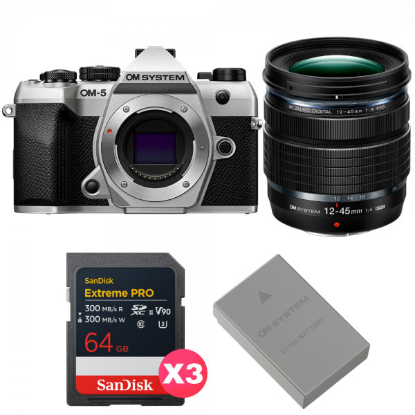 OM SYSTEM OM-5 Mark II Silver + 12-45mm f/4 PRO + 3 SanDisk 64GB Extreme PRO UHS-II SDXC + OM System BLS-50-1