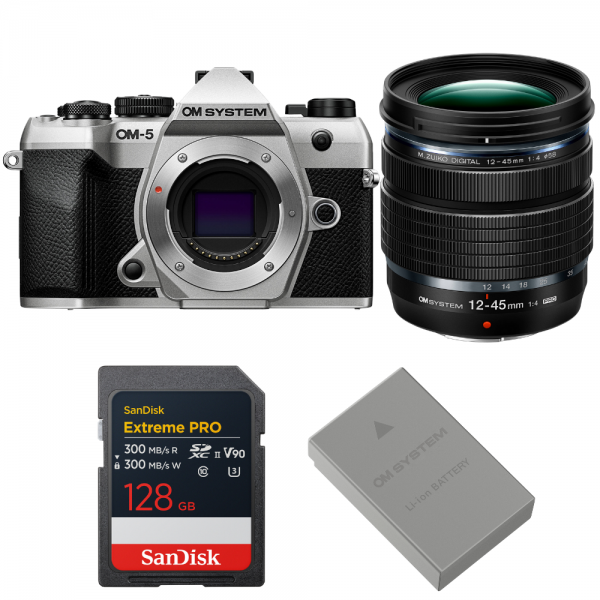 OM SYSTEM OM-5 Mark II Plata + 12-45mm f/4 PRO + 1 SanDisk 128GB Extreme PRO UHS-II SDXC + OM System BLS-50-1
