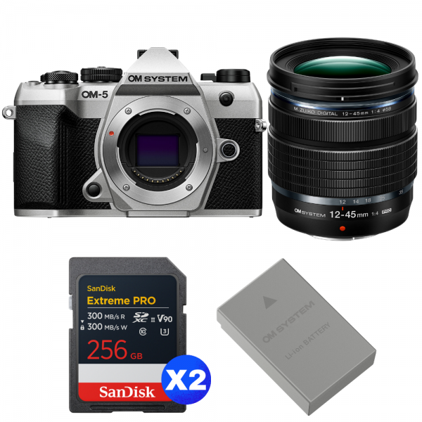 OM SYSTEM OM-5 Mark II Plata + 12-45mm f/4 PRO + 2 SanDisk 256GB Extreme PRO UHS-II SDXC + OM System BLS-50-1