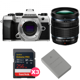 OM SYSTEM OM-5 Mark II Silver + 12-45mm f/4 PRO + 3 SanDisk 256GB Extreme PRO UHS-II SDXC + OM System BLS-50-1