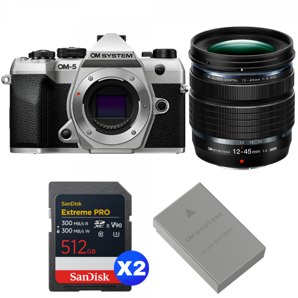 OM SYSTEM OM-5 Mark II Silver + 12-45mm f/4 PRO + 2 SanDisk 512GB Extreme PRO UHS-II SDXC + OM System BLS-50-1
