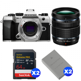 OM SYSTEM OM-5 Mark II Plata + 12-45mm f/4 PRO + 2 SanDisk 64GB Extreme PRO UHS-II SDXC + 2 OM System BLS-50-1