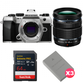 OM SYSTEM OM-5 Mark II Plata + 12-45mm f/4 PRO + 1 SanDisk 64GB Extreme PRO UHS-II SDXC + 3 OM System BLS-50-1