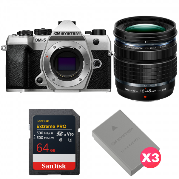 OM SYSTEM OM-5 Mark II Silver + 12-45mm f/4 PRO + 1 SanDisk 64GB Extreme PRO UHS-II SDXC + 3 OM System BLS-50-1