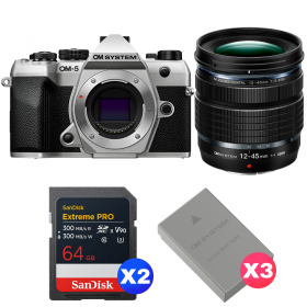 OM SYSTEM OM-5 Mark II Silver + 12-45mm f/4 PRO + 2 SanDisk 64GB Extreme PRO UHS-II SDXC + 3 OM System BLS-50-1