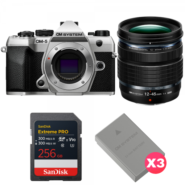 OM SYSTEM OM-5 Mark II Plata + 12-45mm f/4 PRO + 1 SanDisk 256GB Extreme PRO UHS-II SDXC + 3 OM System BLS-50-1