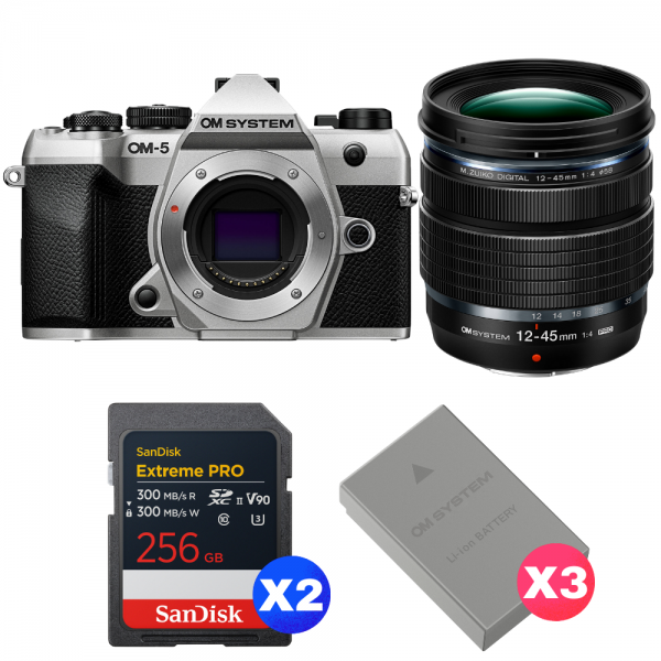 OM SYSTEM OM-5 Mark II Plata + 12-45mm f/4 PRO + 2 SanDisk 256GB Extreme PRO UHS-II SDXC + 3 OM System BLS-50-1