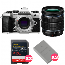 OM SYSTEM OM-5 Mark II Plata + 12-45mm f/4 PRO + 3 SanDisk 512GB Extreme PRO UHS-II SDXC + 3 OM System BLS-50-1