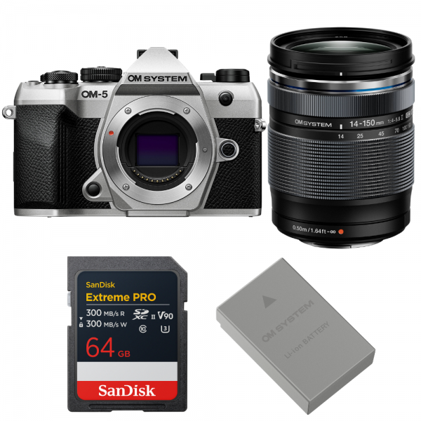 OM SYSTEM OM-5 Mark II Silver + 14-150mm f/4-5.6 II + 1 SanDisk 64GB Extreme PRO UHS-II SDXC + OM System BLS-50-1