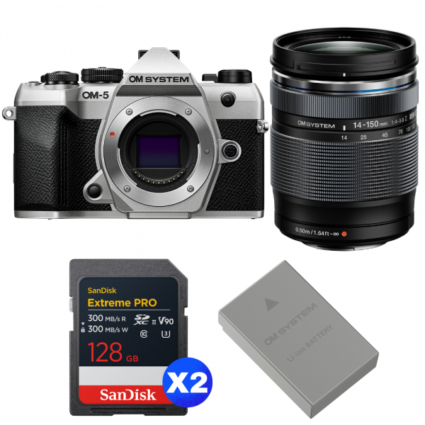OM SYSTEM OM-5 Mark II Silver + 14-150mm f/4-5.6 II + 2 SanDisk 128GB Extreme PRO UHS-II SDXC + OM System BLS-50-1