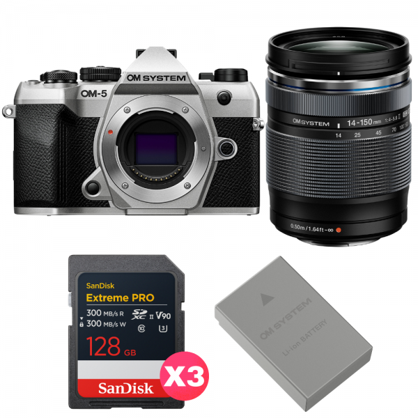 OM SYSTEM OM-5 Mark II Plata + 14-150mm f/4-5.6 II + 3 SanDisk 128GB Extreme PRO UHS-II SDXC + OM System BLS-50-1