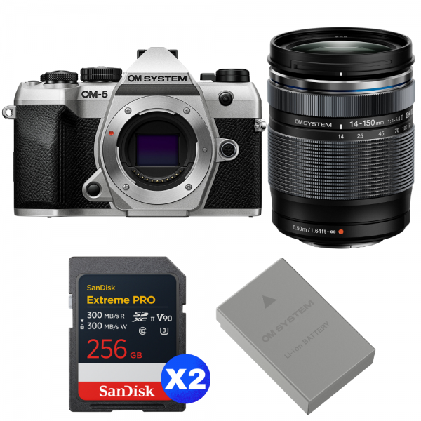 OM SYSTEM OM-5 Mark II Silver + 14-150mm f/4-5.6 II + 2 SanDisk 256GB Extreme PRO UHS-II SDXC + OM System BLS-50-1