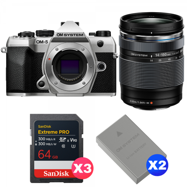 OM SYSTEM OM-5 Mark II Plata + 14-150mm f/4-5.6 II + 3 SanDisk 64GB Extreme PRO UHS-II SDXC + 2 OM System BLS-50-1