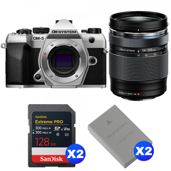 OM SYSTEM OM-5 Mark II Silver + 14-150mm f/4-5.6 II + 2 SanDisk 128GB Extreme PRO UHS-II SDXC + 2 OM System BLS-50-1
