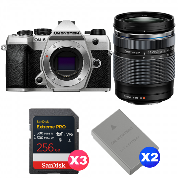 OM SYSTEM OM-5 Mark II Silver + 14-150mm f/4-5.6 II + 3 SanDisk 256GB Extreme PRO UHS-II SDXC + 2 OM System BLS-50-1
