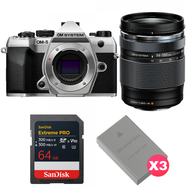 OM SYSTEM OM-5 Mark II Plata + 14-150mm f/4-5.6 II + 1 SanDisk 64GB Extreme PRO UHS-II SDXC + 3 OM System BLS-50-1