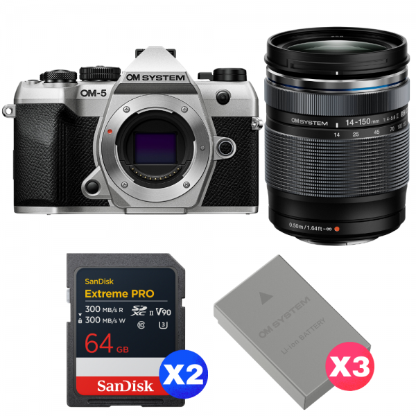 OM SYSTEM OM-5 Mark II Plata + 14-150mm f/4-5.6 II + 2 SanDisk 64GB Extreme PRO UHS-II SDXC + 3 OM System BLS-50-1