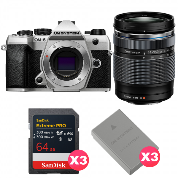OM SYSTEM OM-5 Mark II Plata + 14-150mm f/4-5.6 II + 3 SanDisk 64GB Extreme PRO UHS-II SDXC + 3 OM System BLS-50-1