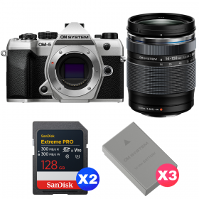 OM SYSTEM OM-5 Mark II Silver + 14-150mm f/4-5.6 II + 2 SanDisk 128GB Extreme PRO UHS-II SDXC + 3 OM System BLS-50-1