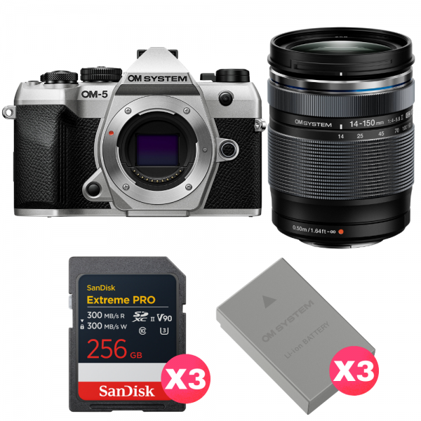 OM SYSTEM OM-5 Mark II Plata + 14-150mm f/4-5.6 II + 3 SanDisk 256GB Extreme PRO UHS-II SDXC + 3 OM System BLS-50-1