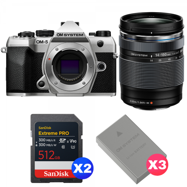 OM SYSTEM OM-5 Mark II Silver + 14-150mm f/4-5.6 II + 2 SanDisk 512GB Extreme PRO UHS-II SDXC + 3 OM System BLS-50-1
