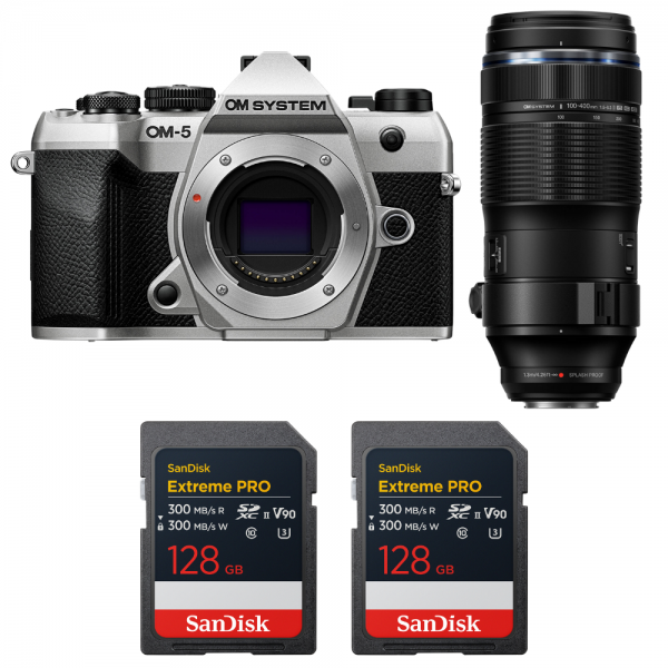 OM SYSTEM OM-5 Mark II Plata + 100-400mm F5.0-6.3 IS II + 2 SanDisk 128GB Extreme PRO UHS-II SDXC-1