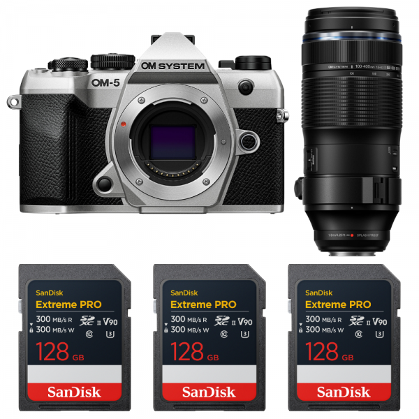 OM SYSTEM OM-5 Mark II Plata + 100-400mm F5.0-6.3 IS II + 3 SanDisk 128GB Extreme PRO UHS-II SDXC-1