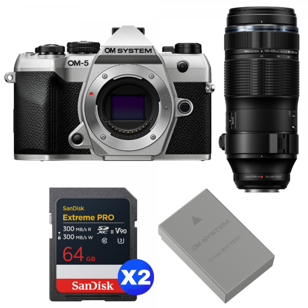 OM SYSTEM OM-5 Mark II Plata + 100-400mm F5.0-6.3 IS II + 2 SanDisk 64GB Extreme PRO UHS-II SDXC + OM System BLS-50-1