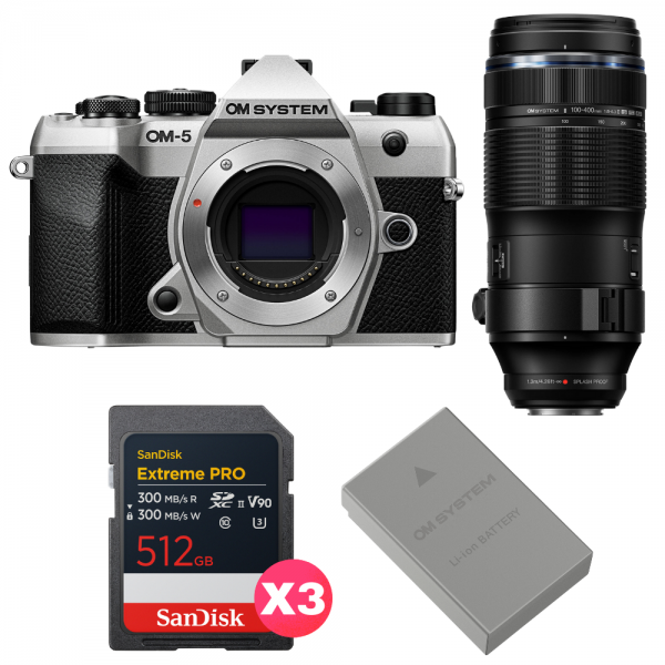 OM SYSTEM OM-5 Mark II Plata + 100-400mm F5.0-6.3 IS II + 3 SanDisk 512GB Extreme PRO UHS-II SDXC + OM System BLS-50-1