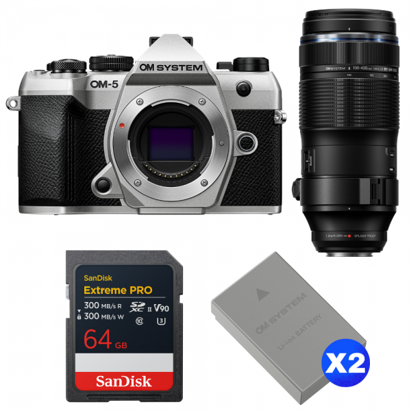 OM SYSTEM OM-5 Mark II Plata + 100-400mm F5.0-6.3 IS II + 1 SanDisk 64GB Extreme PRO UHS-II SDXC + 2 OM System BLS-50-1