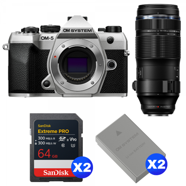 OM SYSTEM OM-5 Mark II Silver + 100-400mm F5.0-6.3 IS II + 2 SanDisk 64GB Extreme PRO UHS-II SDXC + 2 OM System BLS-50-1