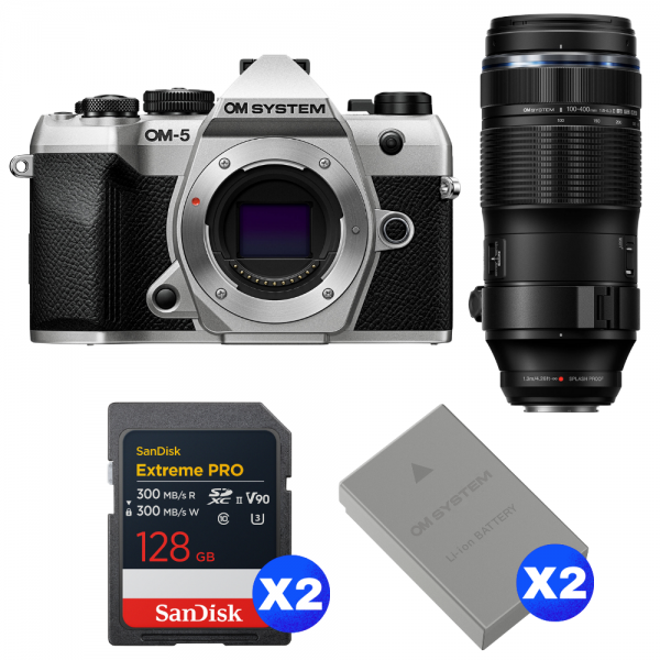 OM SYSTEM OM-5 Mark II Silver + 100-400mm F5.0-6.3 IS II + 2 SanDisk 128GB Extreme PRO UHS-II SDXC + 2 OM System BLS-50-1