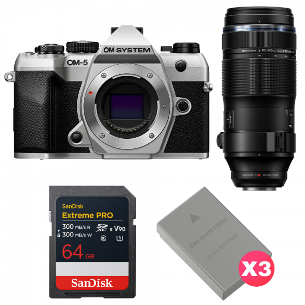 OM SYSTEM OM-5 Mark II Silver + 100-400mm F5.0-6.3 IS II + 1 SanDisk 64GB Extreme PRO UHS-II SDXC + 3 OM System BLS-50-1
