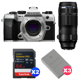OM SYSTEM OM-5 Mark II Silver + 100-400mm F5.0-6.3 IS II + 2 SanDisk 64GB Extreme PRO UHS-II SDXC + 3 OM System BLS-50-1